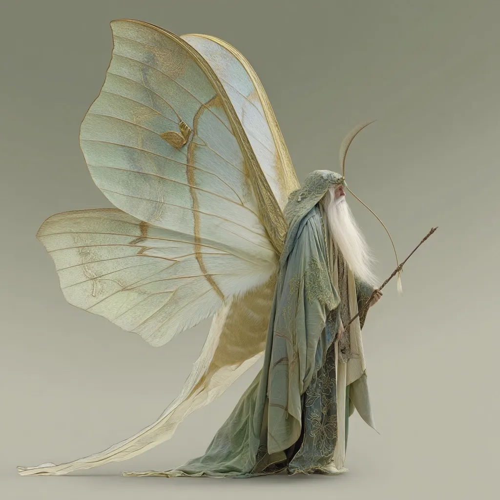 A majestic, elderly man with a long white beard is depicted wearing a flowing, pale green robe adorned with intricate embroidery.  He possesses enormous, delicate moth-like wings of muted greens and golds, extending gracefully behind him.  He holds a slender staff, adding to his ethereal and mystical appearance. The overall aesthetic is serene and fantastical.