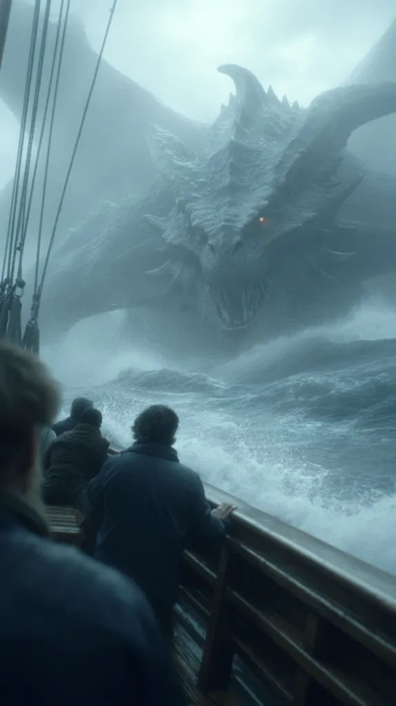 A colossal, serpentine dragon looms over a small wooden boat tossed about in a stormy sea.  The dragon's massive head and sharp teeth are visible through the mist, its presence filling the frame with a sense of immense power and impending doom.  The people on the boat, small and insignificant against the beast, appear awestruck and fearful as they brace against the churning waves.  The atmosphere is tense and dramatic, emphasizing the overwhelming scale of the mythical creature.