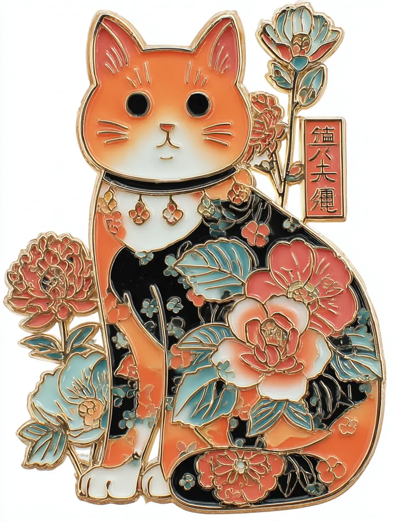 This enamel pin depicts a stylized orange cat adorned with intricate floral patterns in teal, pink, and gold.  The cat's body is primarily black, accented with the vibrant flowers.  A small vertical banner in the upper right features Asian characters.  Surrounding the cat are additional floral elements, suggesting a Japanese aesthetic. The overall design is detailed and elegant.