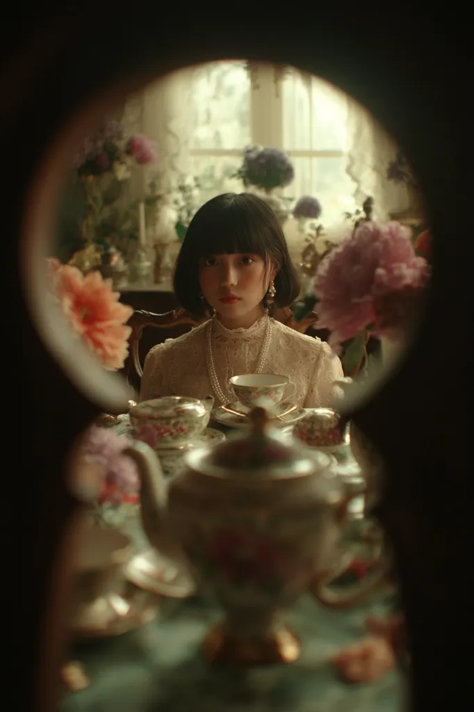 A young woman with dark bobbed hair sits at a table laden with delicate porcelain teacups and a teapot.  She wears a lacy white dress and a pearl necklace. The scene is viewed through a keyhole, blurring the edges and creating a vintage, intimate atmosphere.  Flowers adorn the table and the background, enhancing the elegant, slightly melancholic mood.