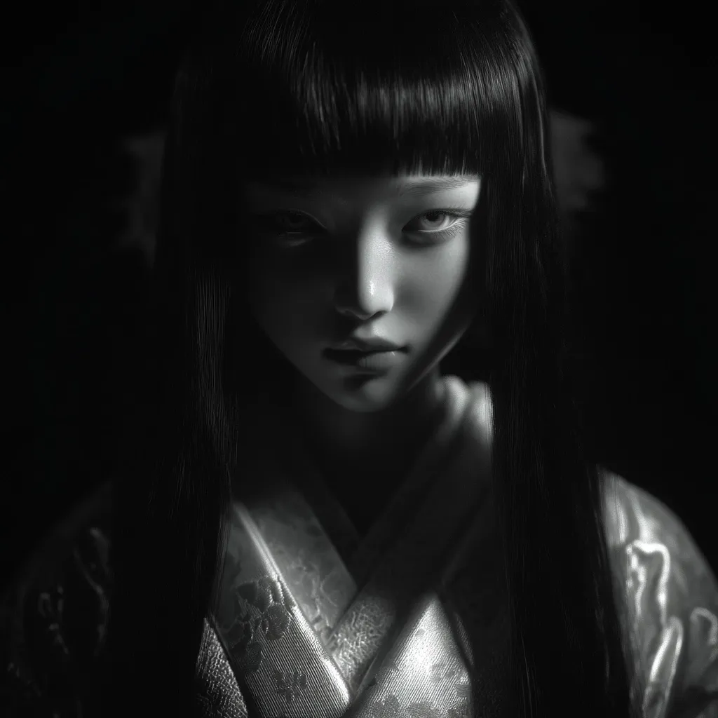 A black and white close-up portrait of a young woman with long, straight black hair and bangs, dressed in a traditional Japanese kimono. The image is dramatically lit, with deep shadows emphasizing her serious expression and the intricate details of her clothing.  Her gaze is direct and intense, creating a mood of mystery and quiet strength.
