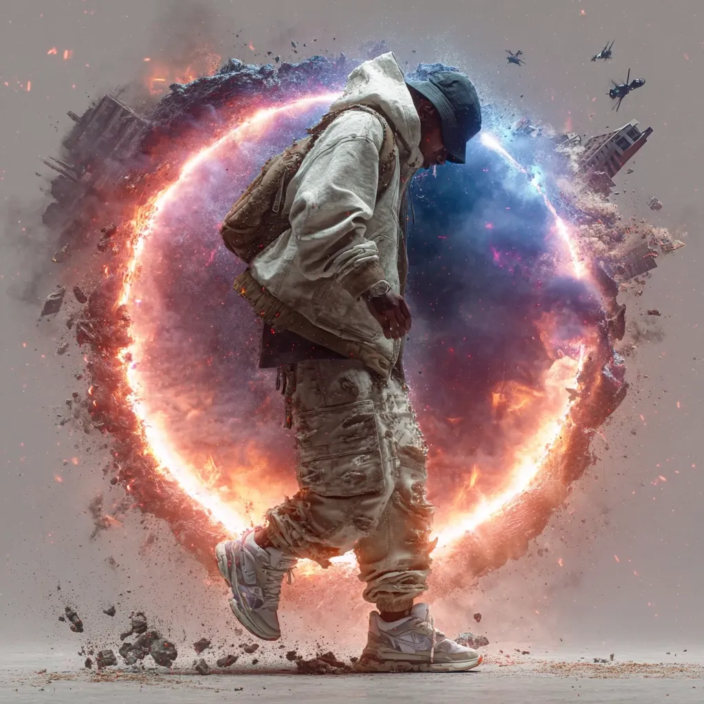 A person in tactical streetwear and a backpack strides through a fiery, collapsing cityscape.  A ring of intense orange and blue flames encircles them, suggesting a portal or powerful energy.  Debris flies around the figure, enhancing the dynamic and apocalyptic atmosphere.  Small aircraft are visible in the background, adding to the sense of chaos and destruction.
