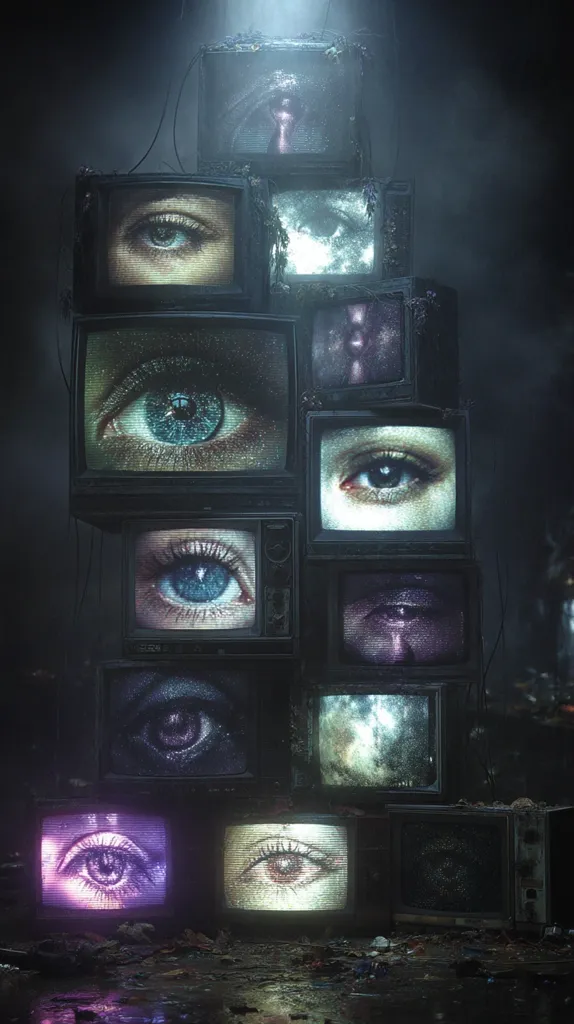 A decaying stack of vintage televisions displays a series of close-up images; predominantly eyes, each with a unique, slightly distorted aesthetic.  The screens showcase varied textures and colors, interspersed with cosmic imagery and static. The overall mood is dark, mysterious, and slightly unsettling, suggesting themes of surveillance, memory, or lost connection.  The scene is set in a dimly lit, debris-strewn environment.