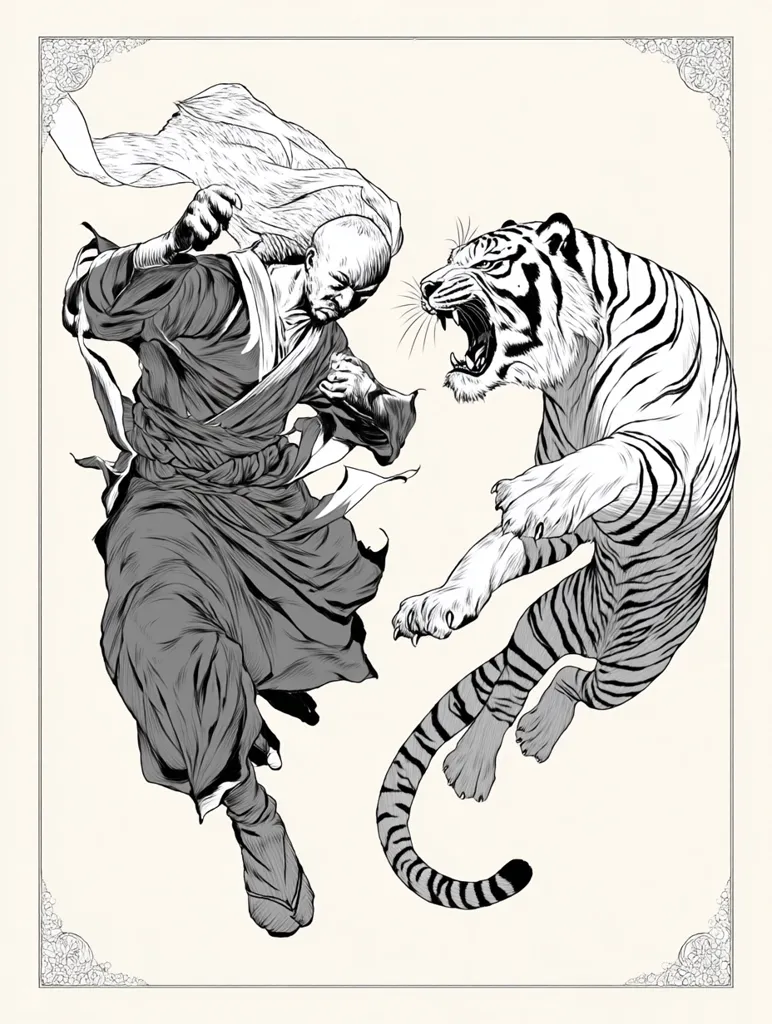A monochrome illustration depicts a dynamic confrontation between a martial artist and a tiger.  The artist, rendered in flowing robes, appears mid-leap, poised to strike.  The tiger, powerfully built, lunges forward with bared teeth.  Both figures are detailed with expressive lines, conveying a sense of raw energy and imminent conflict within a stylistic, almost decorative frame.  The artwork suggests a theme of strength, agility, and the clash between man and nature.