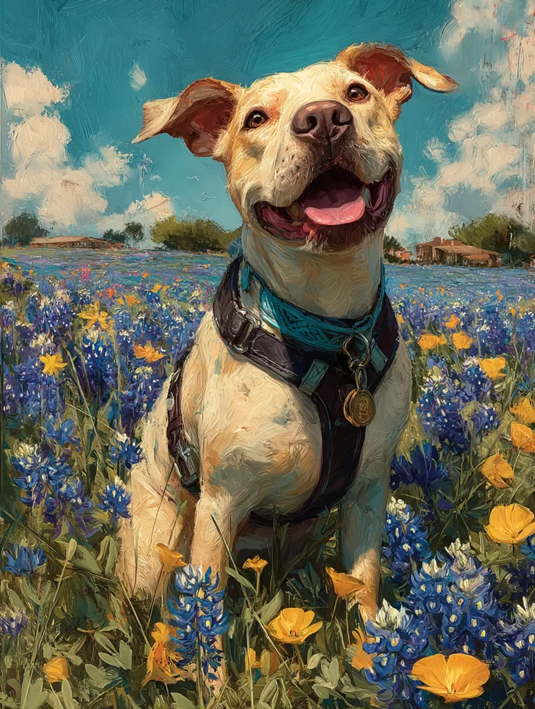A cheerful, light-cream pit bull-type dog sits amidst a vibrant Texas bluebonnet field.  The dog wears a dark harness and teal bandana, its tongue happily lolling.  The painting style is impasto, with thick brushstrokes creating texture.  A sunny sky and distant farmhouses complete the idyllic rural scene.