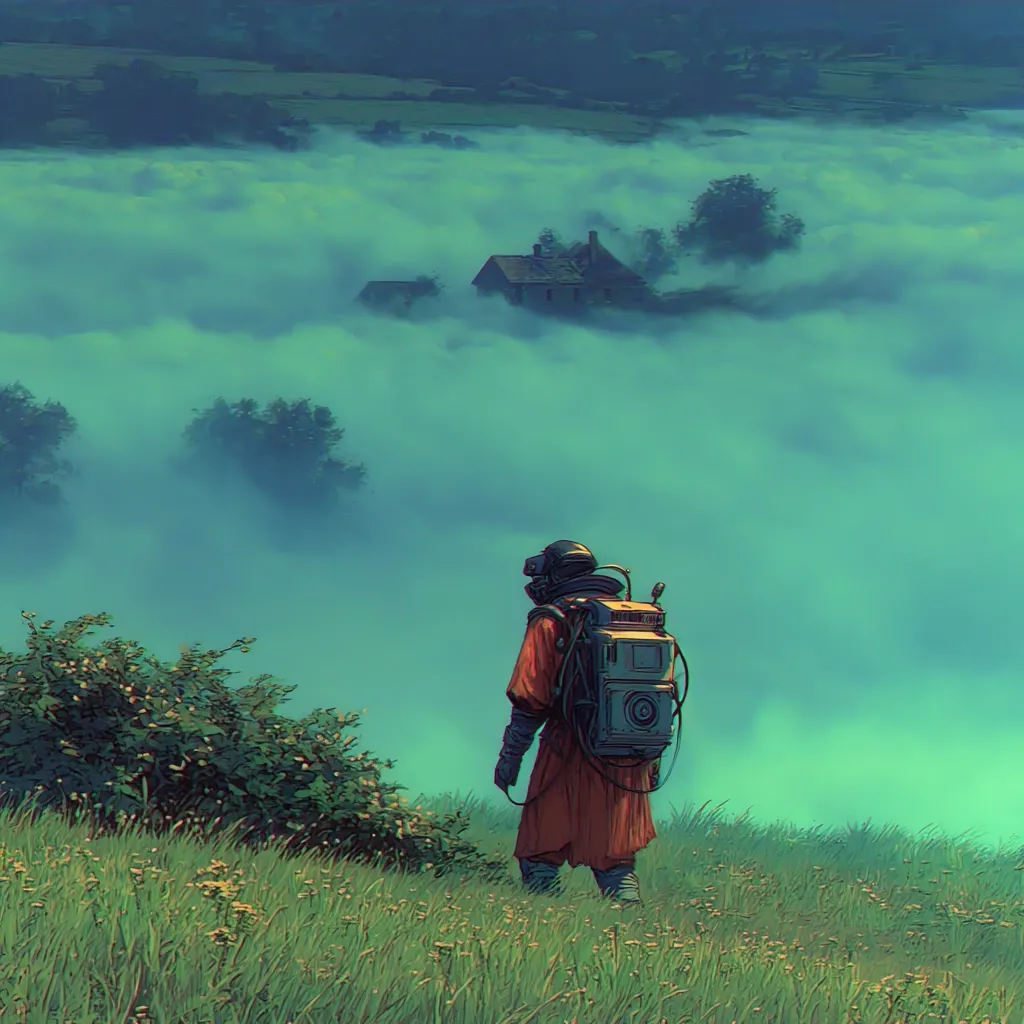 A lone astronaut, clad in a red robe and carrying a vintage-style backpack, stands on a grassy hill overlooking a misty valley.  A secluded farmhouse is barely visible through the ethereal fog, creating a sense of mystery and isolation. The scene is painted in soft, muted tones, evoking a feeling of tranquility and quiet contemplation. The vastness of the landscape emphasizes the astronaut's smallness and the mystery of the distant home.