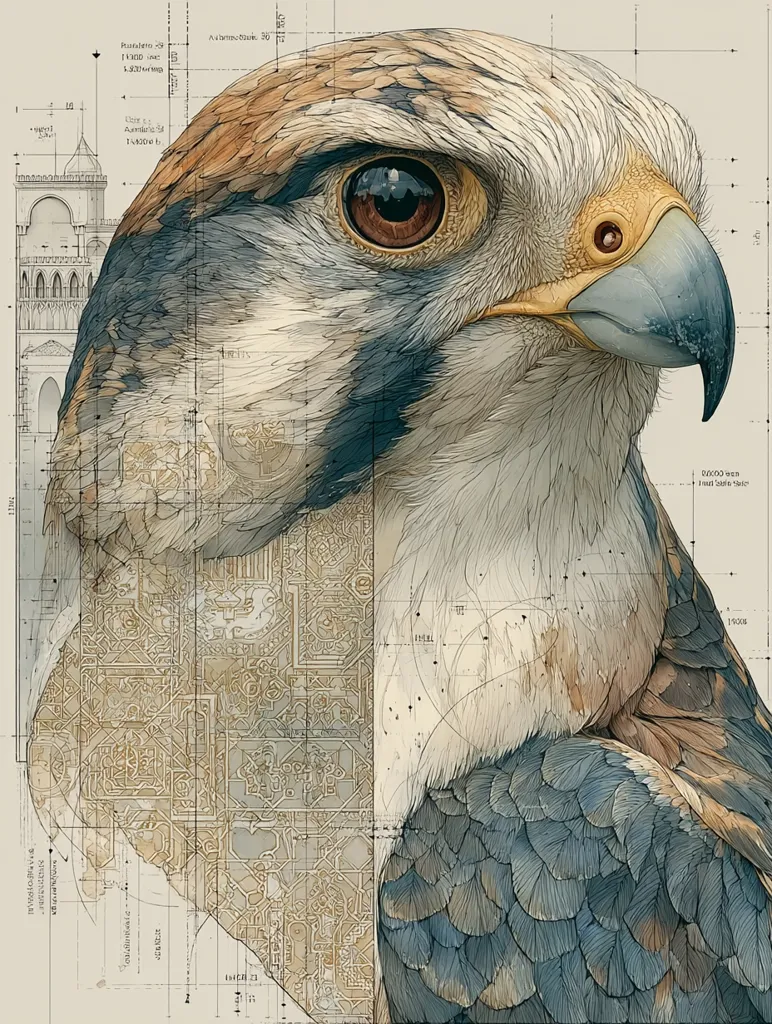 A detailed, realistic illustration of a falcon's head and upper body is overlaid with architectural blueprints and intricate geometric patterns. The bird's intense gaze is striking, contrasting with the detailed background reminiscent of Islamic architecture or mosaics. The image blends nature and human design in a harmonious, meticulously rendered composition.  The style suggests a digital painting or print, emphasizing fine detail and texture.