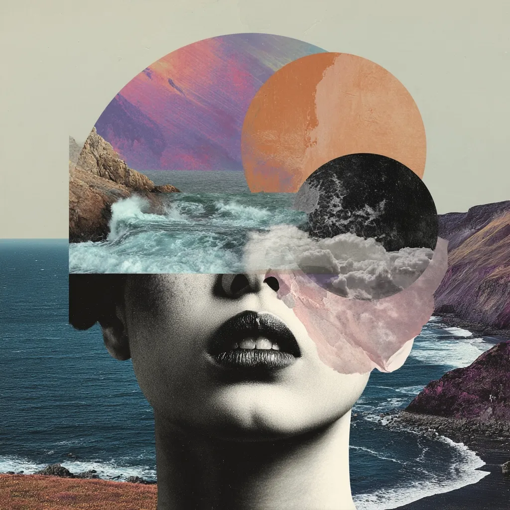 A captivating collage features a woman's face, partially obscured by a surreal landscape.  Ocean waves, rocky coastlines, and abstract shapes in muted earth tones and deep blues create a dreamlike atmosphere.  The juxtaposition of the realistic portrait and fantastical scenery evokes a sense of mystery and inner worlds, blending the tangible and intangible.