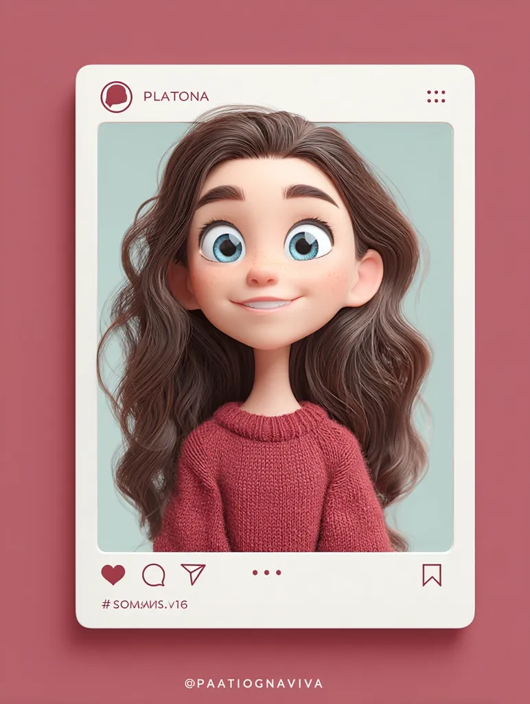 A digital illustration of a cute cartoon girl with long brown wavy hair and big blue eyes is shown in a mock Instagram post.  She's wearing a maroon sweater. The post includes likes, comments, and share icons, along with a hashtag and the artist's handle. The overall aesthetic is soft and charming.