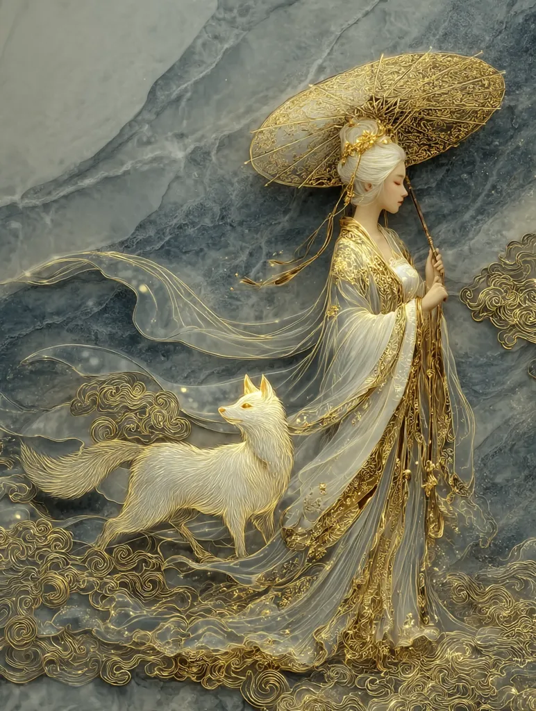 A serene digital painting depicts a woman in flowing, gold-embroidered robes, holding a delicate gold parasol.  She possesses a serene expression and is accompanied by a white fox.  The ethereal scene is set against a marbled background with swirling gold details suggesting clouds.  The overall aesthetic is elegant and fantastical, with a blend of traditional and modern artistic styles.