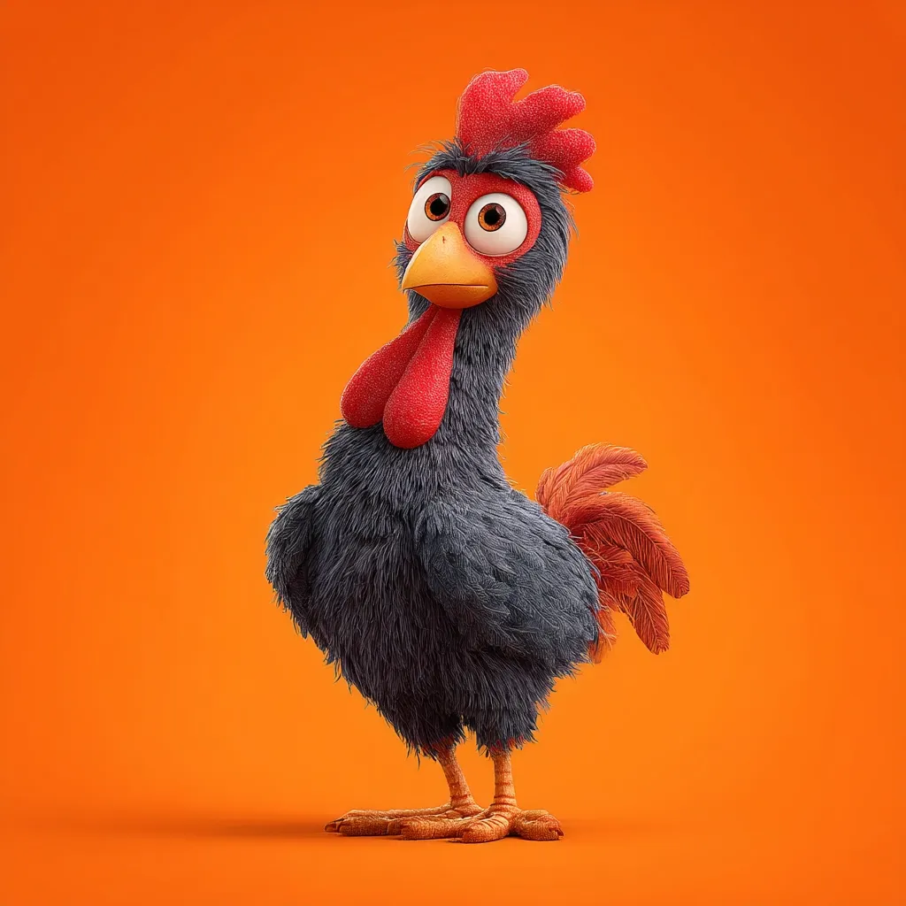 A charming 3D-rendered rooster, predominantly dark gray with a vibrant red comb and tail feathers, stands against a bright orange backdrop.  Its large, expressive eyes and fluffy texture give it a cartoonish, friendly appearance. The rooster is positioned slightly angled, creating a dynamic and engaging pose. The overall style is playful and appealing.