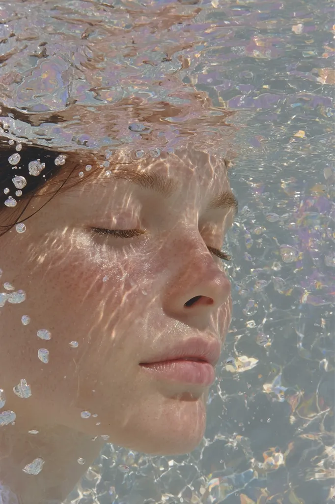 A close-up underwater shot of a young woman's face.  Her eyes are closed, and her skin is illuminated by the sunlight filtering through the water.  Bubbles surround her face, creating a serene and ethereal atmosphere. The water is clear, showcasing the delicate texture of her skin and the play of light. The overall effect is calming and peaceful.