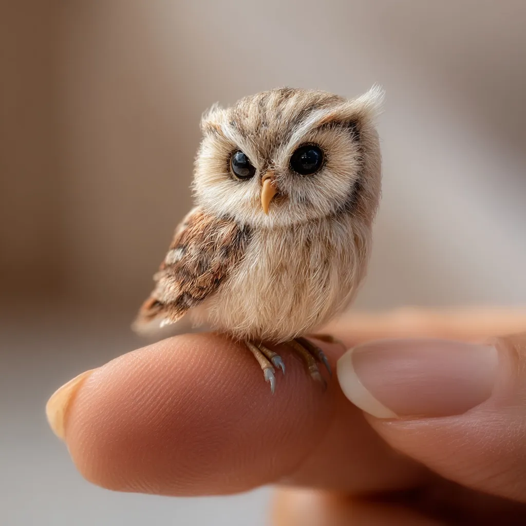 An incredibly tiny, fluffy owl, meticulously crafted, perches delicately on a person's finger.  Its large, dark eyes and small beak are prominent features. The owl's brown and beige plumage is incredibly realistic, giving it an almost lifelike appearance.  The contrast between the miniature bird and the human finger emphasizes its diminutive size.