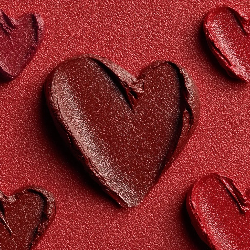 A close-up shot reveals several heart-shaped smears of rich, dark red lipstick against a textured, matching red background. The central heart is the largest, while smaller hearts surround it, creating a romantic and visually appealing composition.  The texture of the lipstick is glossy, suggesting a creamy consistency.  The overall image evokes feelings of love and passion.