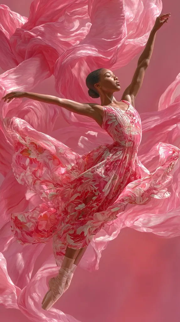 A Black ballerina, elegantly poised, is captured mid-leap. She's adorned in a flowing, pink floral dress that billows around her like a cloud.  Delicate pink fabric swirls dynamically around her, creating a breathtaking, ethereal scene. Her pointe shoes and graceful posture suggest a moment of weightless beauty and artistic expression.