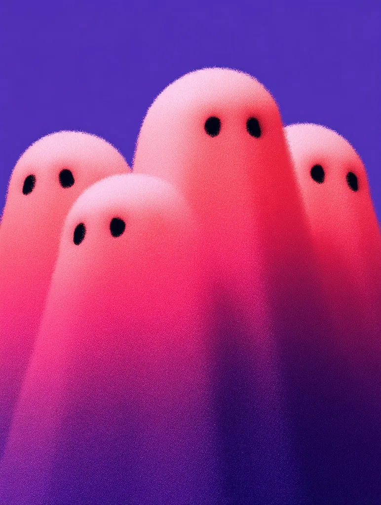 A cluster of four fuzzy, pink ghosts huddle together against a vibrant purple background.  Their simple black dot eyes and gradient coloring from bright pink to deep purple create a soft, yet slightly eerie, aesthetic.  The image evokes a playful, slightly spooky atmosphere, suitable for Halloween or whimsical art.