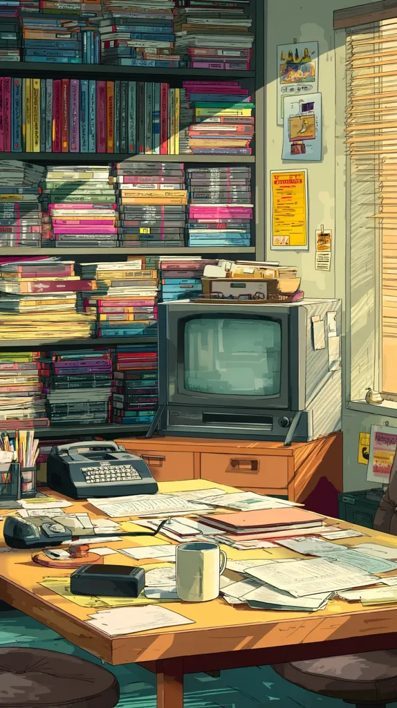 A sunlit desk overflows with papers, a typewriter, and a telephone.  A vintage television sits beside a towering bookshelf crammed with books and media.  The room's aesthetic is retro, with posters and a window featuring Venetian blinds adding to the nostalgic ambiance.  The overall scene suggests a writer's or researcher's workspace, brimming with activity and the accumulation of knowledge.
