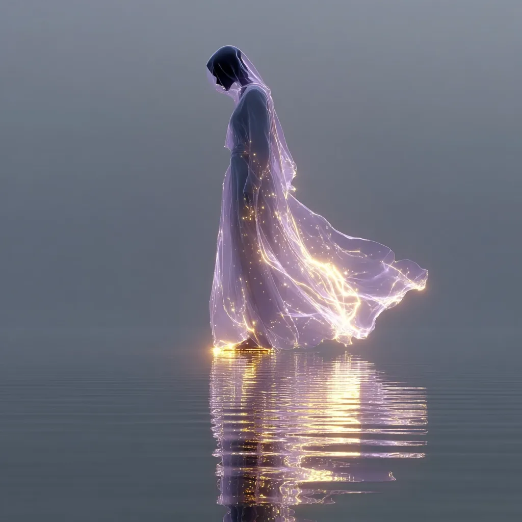 A serene figure, cloaked in a luminous, ethereal gown, walks across calm water.  The garment shimmers with internal light, its translucent fabric flowing behind her. The scene is dreamlike and peaceful, with a muted color palette emphasizing the ethereal quality of the figure and her surroundings.  The reflection on the water mirrors the radiant beauty of the woman and her glowing attire.