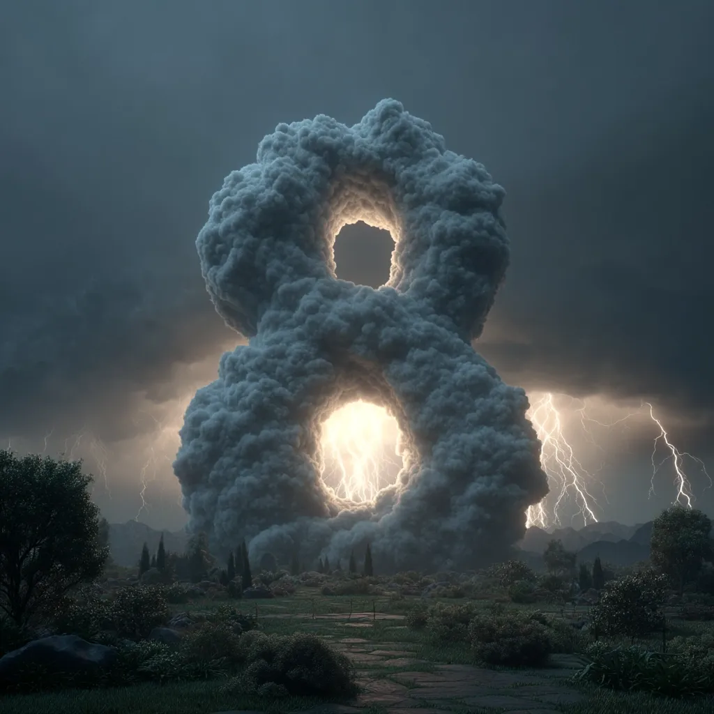 A dramatic digital rendering depicts a colossal cloud formation shaped like the number eight.  The cloud's center is illuminated by bright lightning bolts, contrasting with the dark, stormy sky.  A tranquil landscape of green fields and trees lies in the foreground, creating a juxtaposition between the serene setting and the awe-inspiring, ominous cloud.