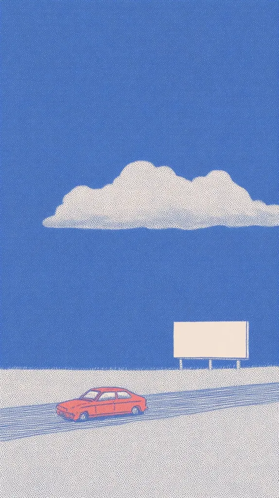 A stylized illustration depicts a red car driving on a lightly textured road under a vibrant blue sky.  A single, fluffy white cloud floats above. A blank billboard stands beside the road, adding to the minimalist, serene atmosphere of the piece. The pointillist style gives the image a unique, slightly retro feel.