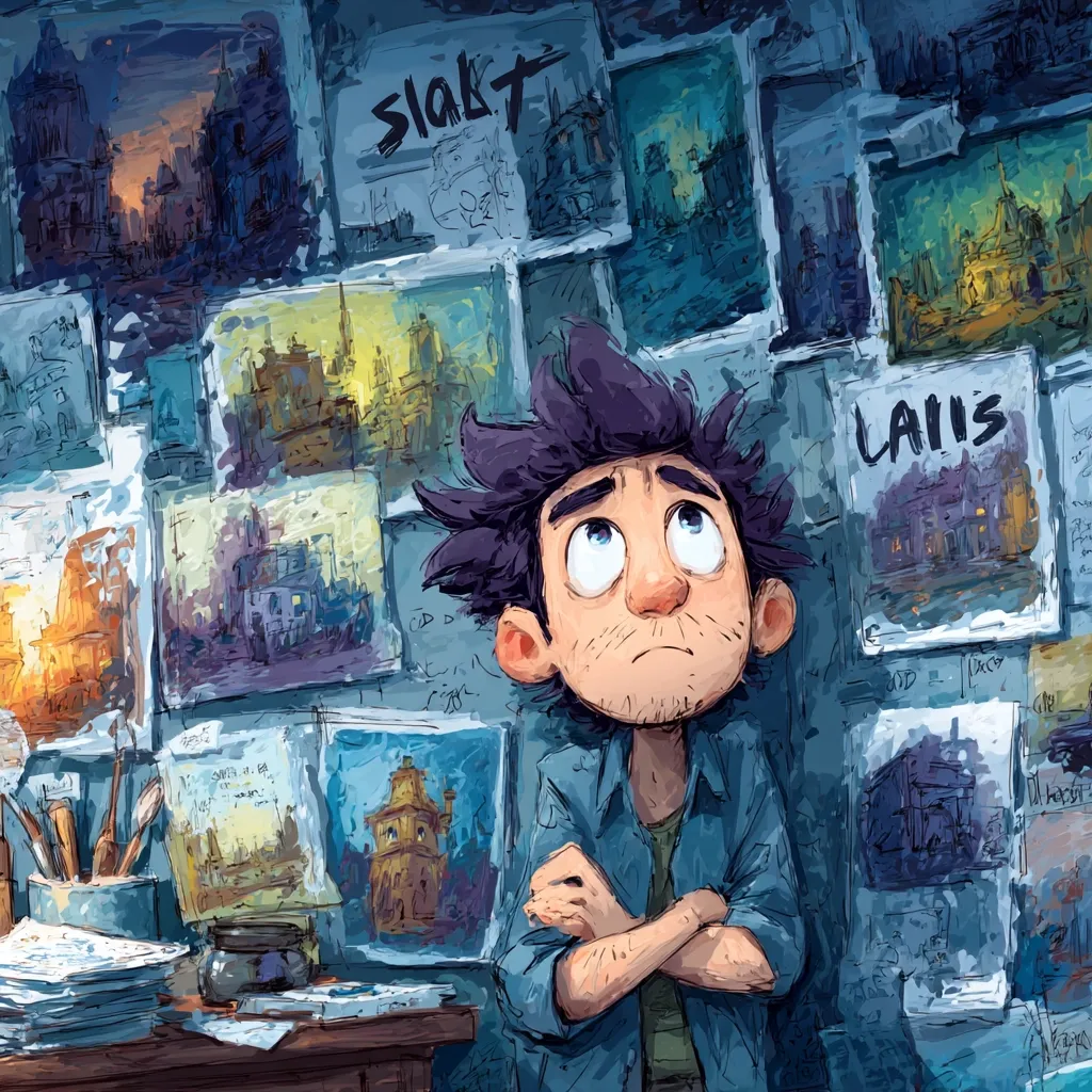 A young artist with dark hair and a contemplative expression stands amidst a wall covered in numerous paintings and sketches.  His arms are crossed, suggesting thoughtful consideration. The artwork depicts various cityscapes and buildings, showcasing a range of styles and colors. The overall mood is one of creative introspection and artistic ambition.  The scene is vibrant and textured, reminiscent of a painter's studio.