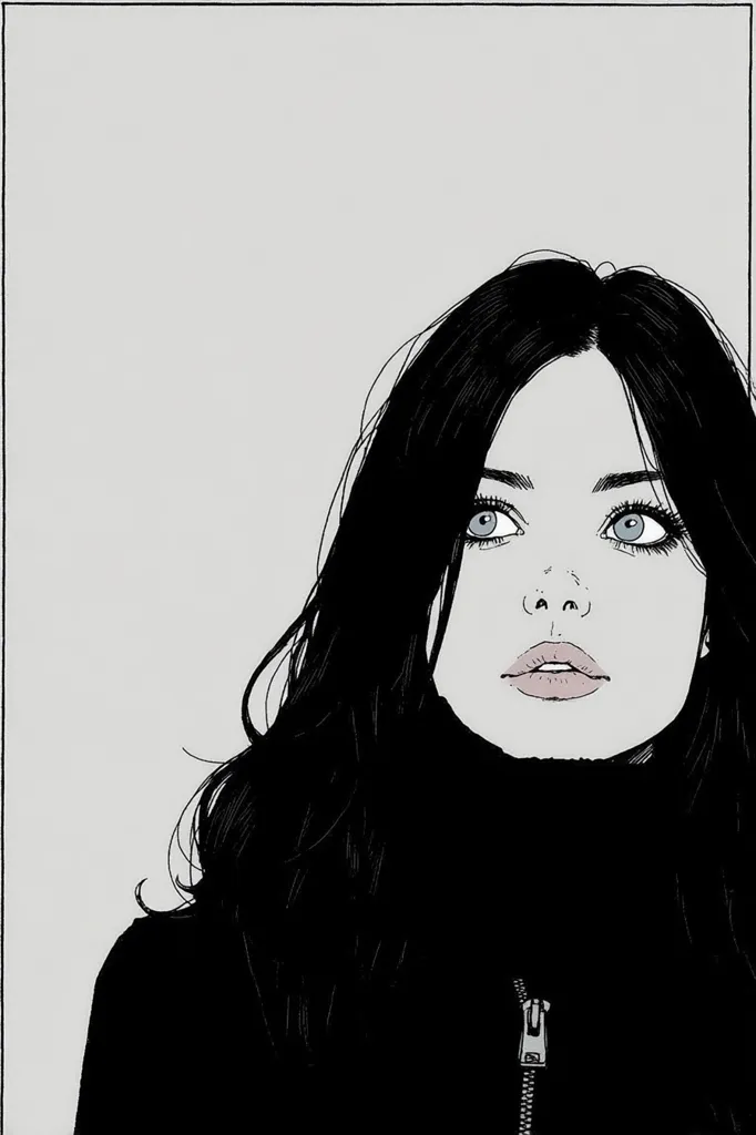 A minimalist black and white illustration of a woman with long, dark hair.  She's depicted from the chest up, wearing a high-necked black jacket or sweater. Her gaze is directed upward and slightly to the side, conveying a pensive or thoughtful mood. The style is graphic and stylized, with clean lines and minimal shading.  Her light blue eyes are a striking contrast against her dark hair and clothing.