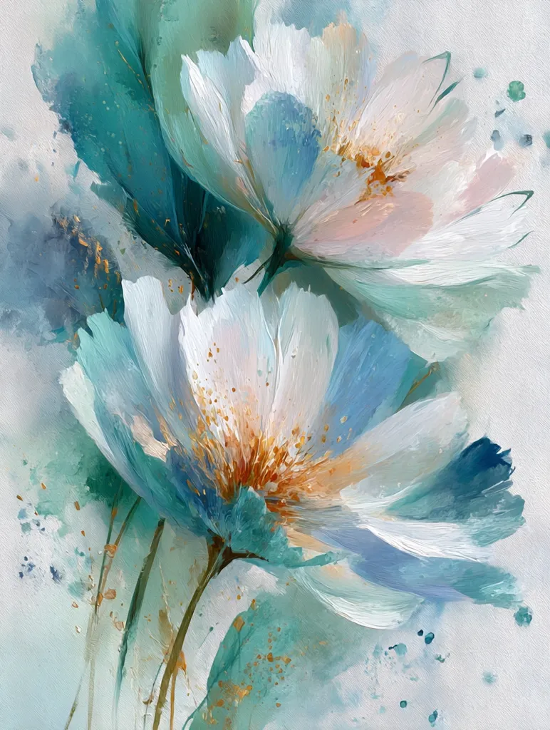 A vibrant painting showcases two large, stylized flowers in shades of teal, white, and soft peach.  The blossoms are rendered with visible brushstrokes, creating a textured and impressionistic effect.  Hints of gold accentuate the centers, adding a touch of shimmer against the cool-toned background, which features subtle splashes of color. The overall style is loose and expressive, focusing on capturing the essence of the flowers rather than precise detail.
