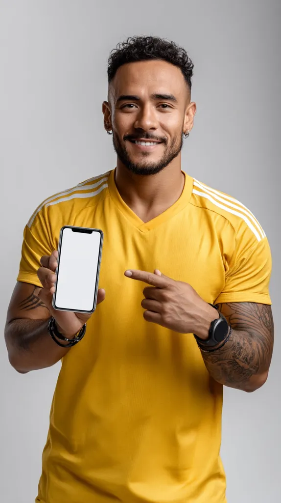 A smiling man with short, curly brown hair and tattoos on his arms is shown holding a smartphone with a blank screen.  He's wearing a mustard-yellow v-neck t-shirt with white stripes on the shoulders.  He's pointing at the phone with one hand, suggesting an app or website.  His expression is friendly and inviting.