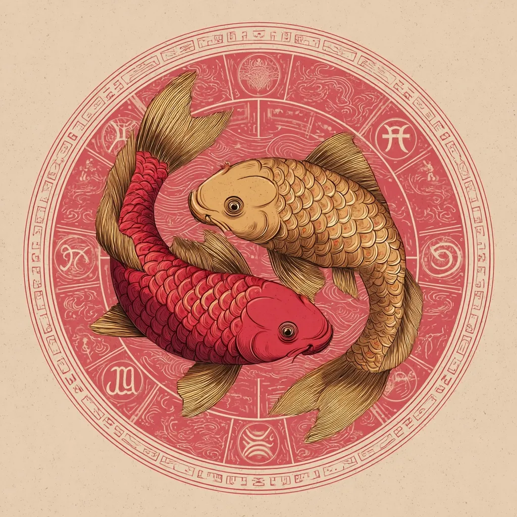 A circular illustration features two koi fish, one red and one gold, swimming in a harmonious yin and yang formation.  The fish are intricately detailed, set against a textured, reddish-pink background adorned with a circular border containing zodiac symbols and stylized patterns. The overall aesthetic is reminiscent of traditional East Asian art.