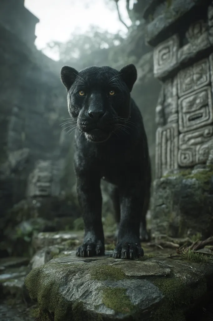A majestic black jaguar stands on a mossy rock, its gaze directly at the viewer.  The background features ancient, moss-covered stone structures, suggestive of ruins in a lush, misty jungle.  The jaguar's powerful physique and piercing yellow eyes create a sense of both beauty and wildness. The overall mood is dark, mysterious, and evocative of a hidden, primal world.