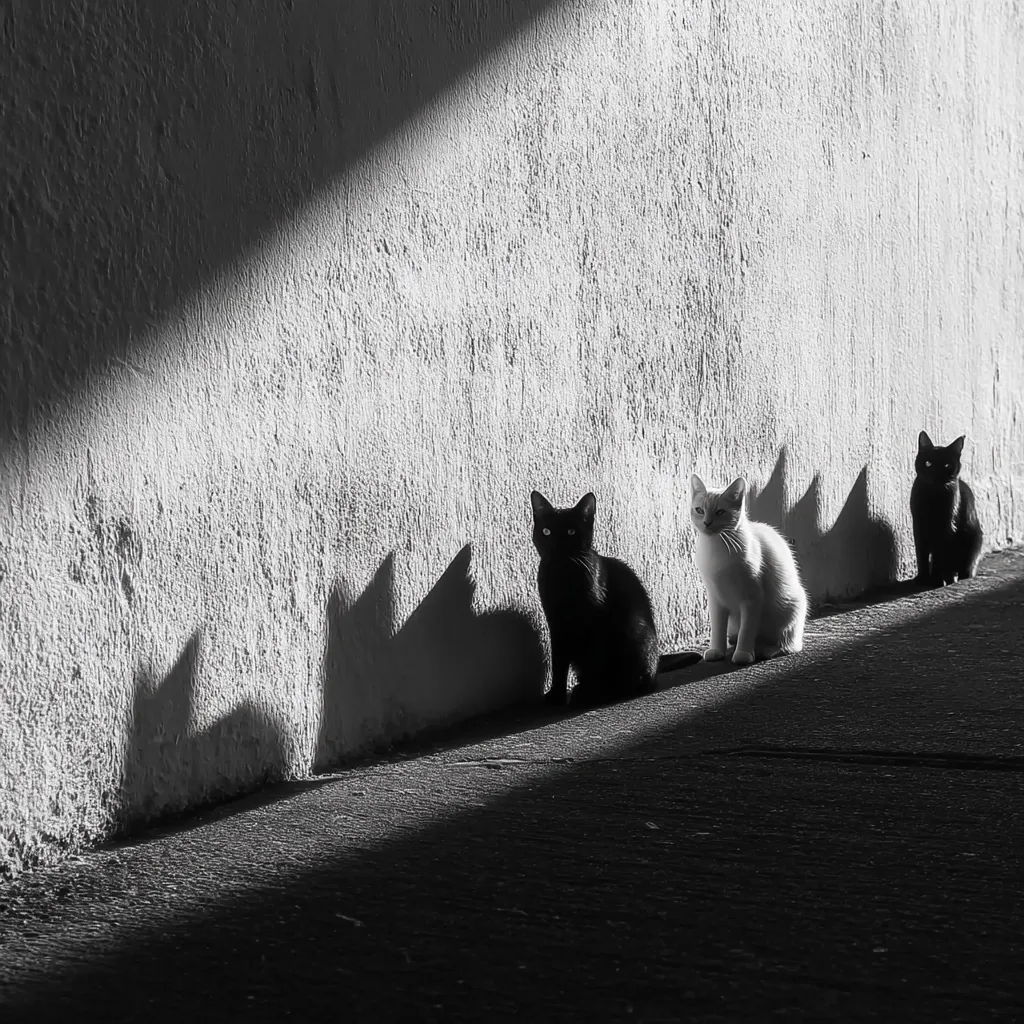 Three kittens sit against a wall in a monochrome image.  A black kitten, a cream-colored kitten, and another black kitten are lined up, their shadows cast long and dramatic by the sunlight.  The stark contrast of light and shadow enhances the scene's mood and the cats' silhouettes.  The textured wall adds depth to the overall composition.