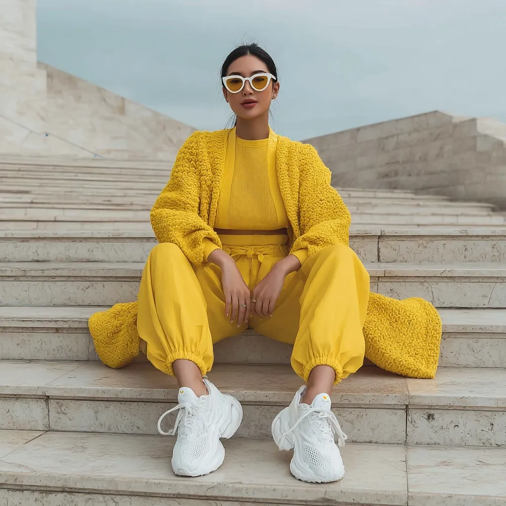 A stylish woman in a vibrant yellow outfit sits on a staircase.  She wears a yellow knitted cardigan, matching top and pants, and white chunky sneakers.  Her cat-eye sunglasses add to her chic look. The setting appears to be outdoors, with a modern architectural backdrop.  The overall impression is one of fashion-forward and confident style.