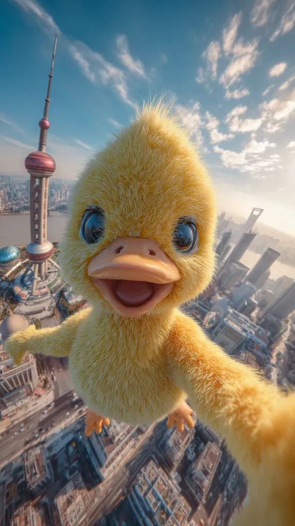 A fluffy yellow duckling takes a selfie high above the Shanghai skyline.  The Oriental Pearl Tower is visible in the background, along with the city's sprawling cityscape. The duckling's cheerful expression and the vibrant city create a whimsical and playful contrast.  The image is a digitally created artwork, showcasing a unique perspective.