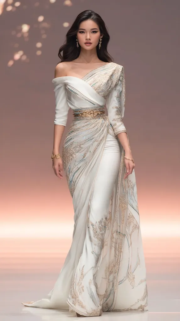 A model gracefully showcases a stunning off-shoulder white gown adorned with intricate gold embroidery.  The gown features a fitted bodice, a draped skirt, and a golden belt accentuating the waist.  The design blends modern elegance with traditional draping techniques, creating a sophisticated and luxurious look. The model's dark hair and subtle makeup complement the ethereal beauty of the ensemble.