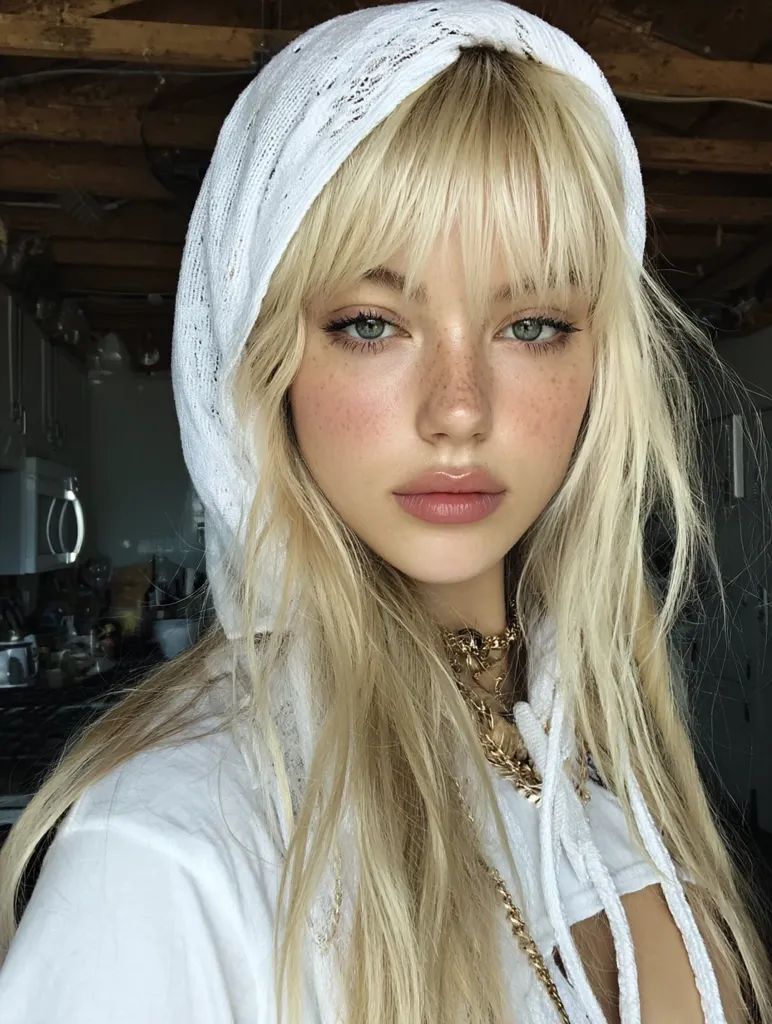 A young woman with long blonde hair and bangs wears a white crocheted hoodie.  Her makeup is natural and features light blush and subtle eye makeup. She has freckles and a soft expression.  A gold necklace is visible at her neckline. The background is blurred, showing a rustic kitchen setting.