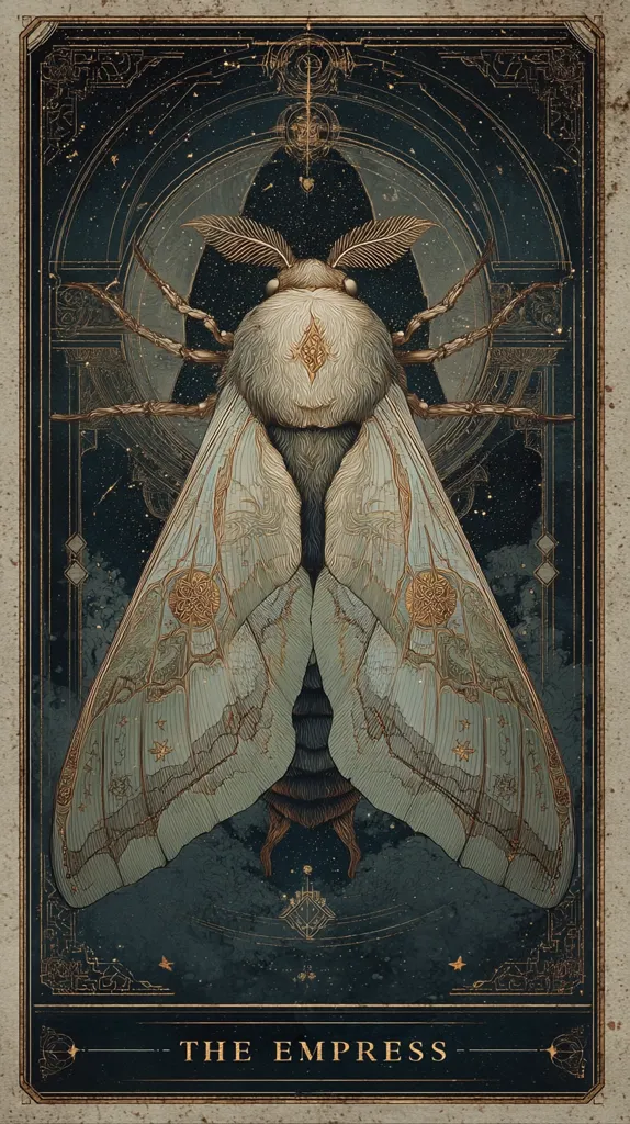 A stylized illustration of a large moth, intricately detailed with gold accents on its wings, is presented within an ornate, dark-blue frame.  The moth's body is centrally positioned, and the background suggests a night sky.  The words "THE EMPRESS" are inscribed at the bottom, implying a connection to tarot or similar symbolism.  The overall aesthetic is dark, luxurious, and mystical.
