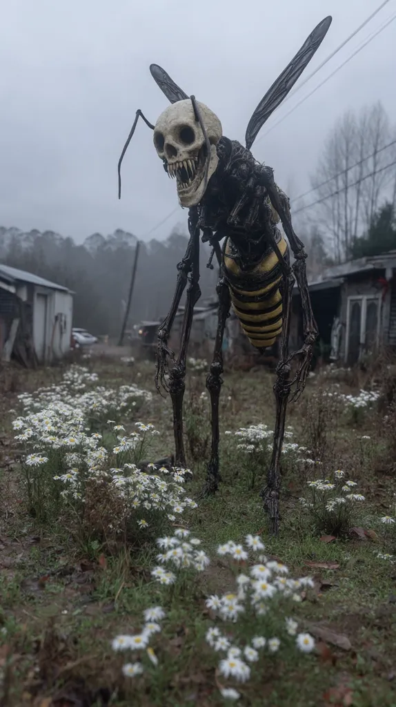 A skeletal, insect-like creature stands in a desolate, overgrown landscape.  Its body is a dark, metallic black, with a skull-like head and large, membranous wings.  The creature has long, spindly legs and a segmented abdomen reminiscent of a wasp. White wildflowers dot the foreground, contrasting with the dark figure and overcast sky. The scene evokes a sense of unease and mystery.