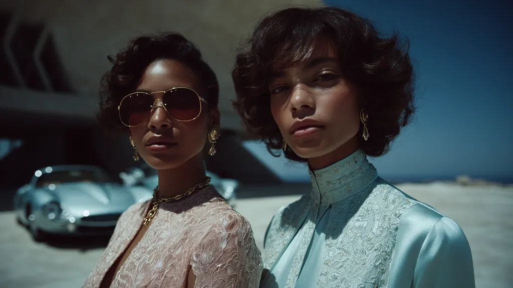 Two stylish women pose against a backdrop of a classic silver car and a modern architectural structure.  One wears sunglasses and a beige lace dress, the other a light teal, embroidered silk blouse. Both women sport elegant gold jewelry and possess short, styled dark hair.  The sunlit scene evokes a sense of glamour and sophistication.