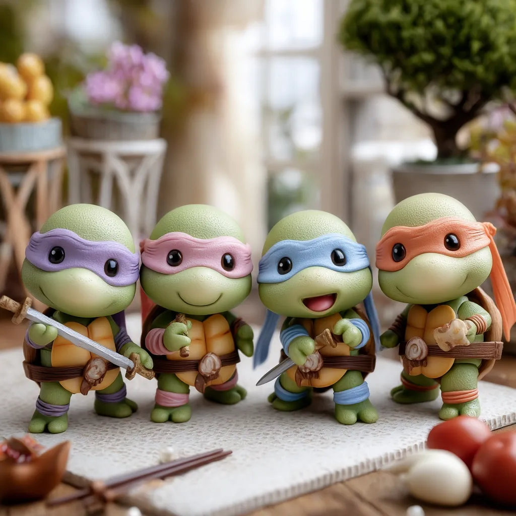 Four adorable, chibi-style Teenage Mutant Ninja Turtle figurines are arranged on a light-colored surface. Each turtle sports its signature color bandana and holds a miniature katana.  They're positioned against a softly blurred background featuring plants and a window, creating a charming and peaceful scene.  The turtles appear to be meticulously crafted from a material like polymer clay.