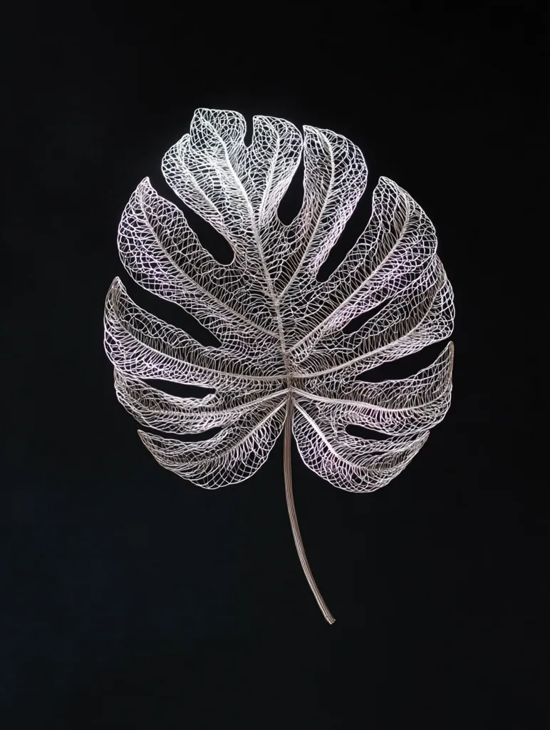 A meticulously crafted silver leaf, possibly a monstera deliciosa, is displayed against a stark black backdrop.  The intricate detail reveals a delicate, almost skeletal structure, highlighting the leaf's veins and form. The metallic sheen of the silver adds a touch of elegance to the otherwise minimalist composition.  The image is striking in its simplicity and artistic rendering.