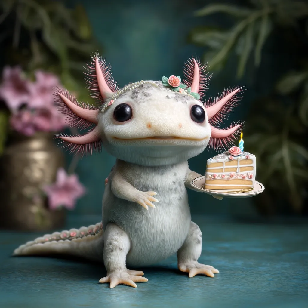 A charming, digitally rendered axolotl, adorned with a floral crown and pearl necklace, proudly presents a single slice of delicately decorated birthday cake.  The axolotl's soft, fluffy texture contrasts with the smooth icing of the cake. The scene is set against a blurred background of teal and soft pink blossoms, creating a whimsical and celebratory atmosphere.