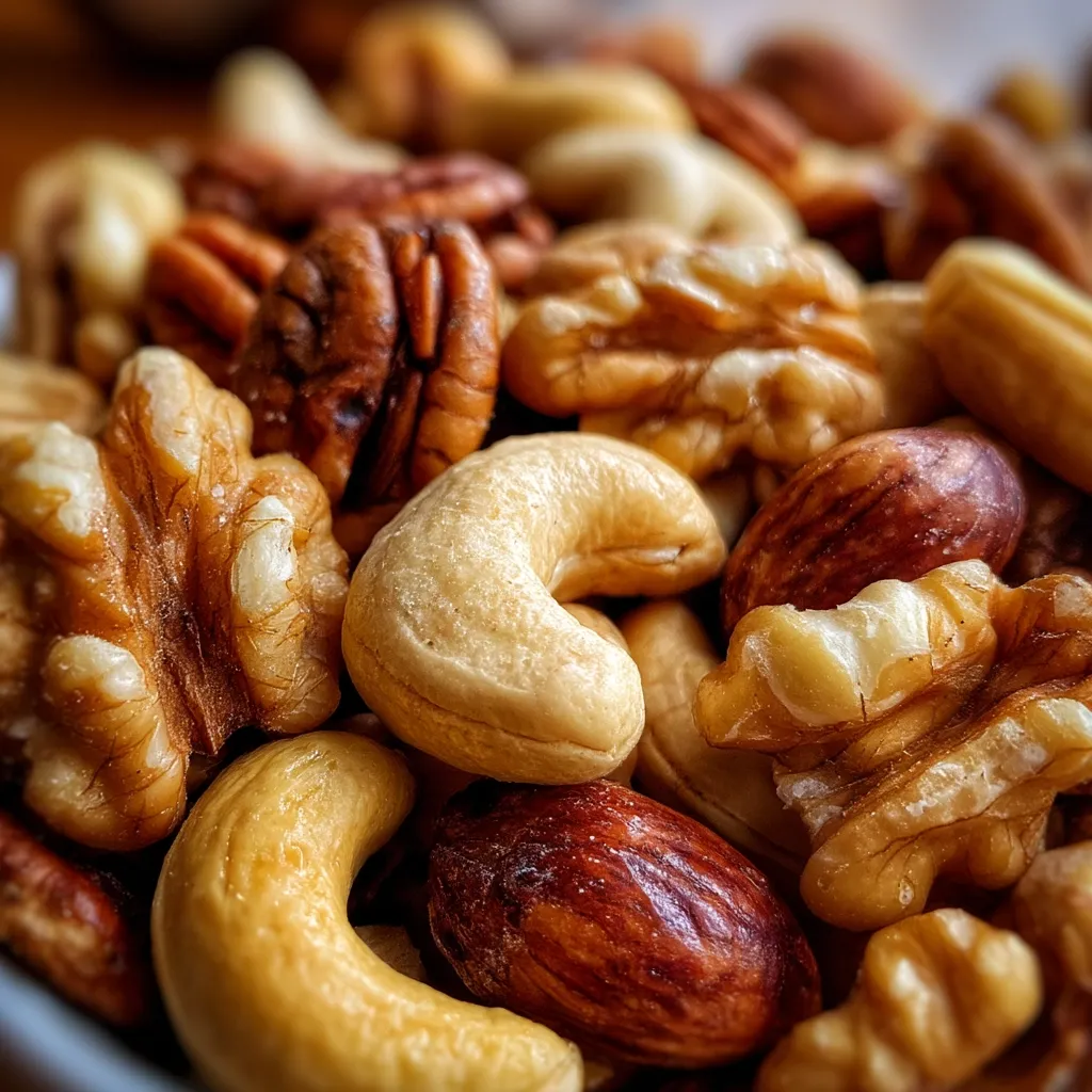 A close-up shot reveals a vibrant mix of nuts, including cashews, walnuts, pecans, and almonds.  The nuts are roasted to a rich, warm brown and golden color, their textures highlighted by the detailed image.  The arrangement suggests a healthy snack or ingredient for cooking.  The overall impression is one of abundance and deliciousness.