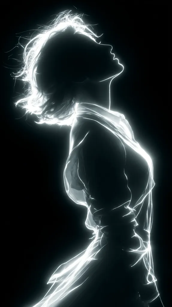 A stylized image depicts a woman's silhouette, rendered in glowing, ethereal lines of light against a stark black background.  Her head is tilted back, hair flowing, suggesting movement and a sense of freedom. The luminous outline traces the form of her body and flowing garment, creating a visually striking and almost spectral effect.  The overall impression is one of grace and otherworldly beauty.