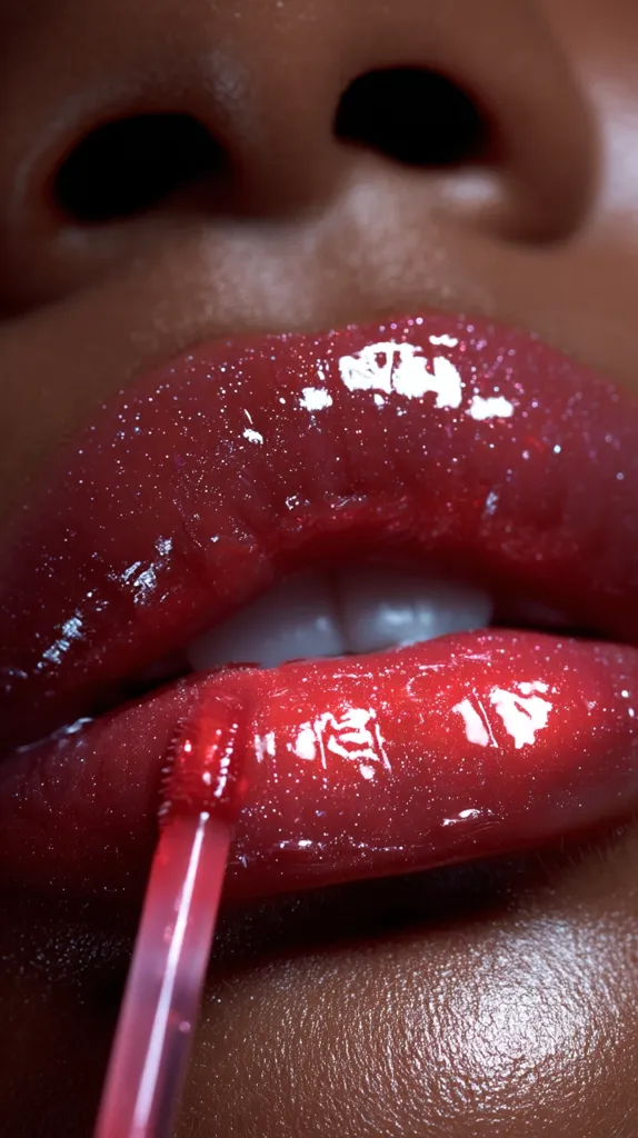 A close-up shot showcases a person's luscious lips glistening with a rich, red lip gloss.  The gloss has a subtle sparkle, and the applicator is visible, adding to the image's focus on the beauty and texture of the product. The skin tone is dark, enhancing the vibrant color of the lip gloss. The image is highly detailed, emphasizing the shine and smoothness of the lips.