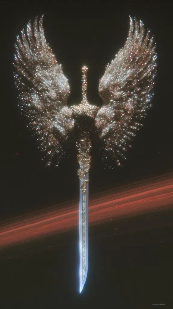 A digital rendering depicts a sword with ornate, glittering wings. The wings, reminiscent of an angel's, are composed of shimmering particles, creating a celestial aesthetic. The sword's blade is silver, and the hilt is gold, detailed with intricate designs.  The backdrop is a dark space with a reddish-brown streak, contrasting the ethereal quality of the winged sword.