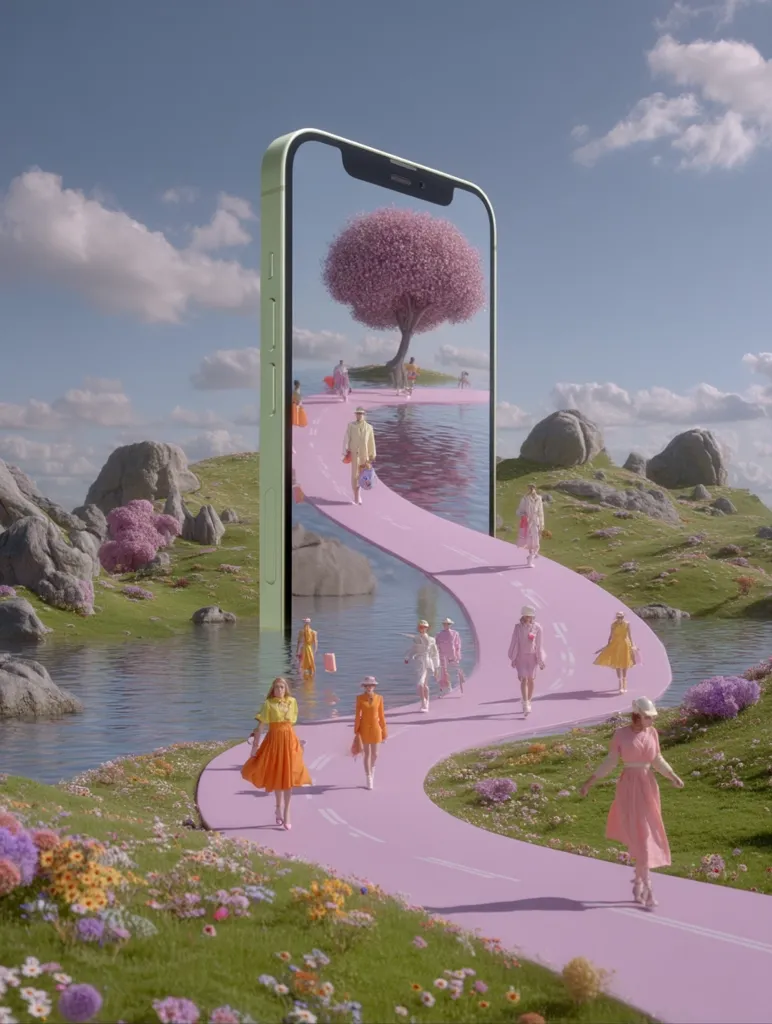 A pastel-colored digital illustration shows a light green smartphone displaying a whimsical scene.  Models in vibrant dresses stroll along a pink path winding through a flowering landscape. A serene lake reflects the sky and a blossoming pink tree sits centrally.  The overall aesthetic is dreamy and surreal, blending fashion and nature in a fantastical setting.