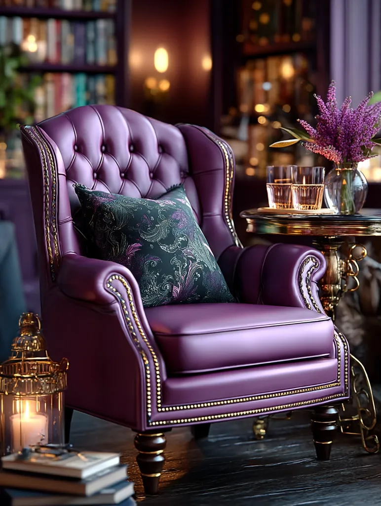 A plush, deep purple leather armchair with button tufting and gold nailhead trim sits in a dimly lit room.  A dark patterned throw pillow rests on the seat. A small, ornate side table nearby holds two glasses and a vase of purple flowers. The background suggests a luxurious library setting with bookshelves and warm lighting.  The overall mood is rich, elegant, and sophisticated.