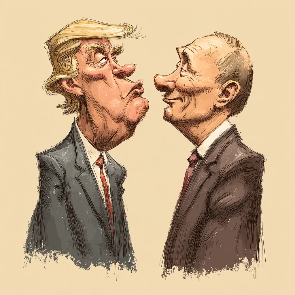 A caricature depicts Donald Trump and Vladimir Putin facing each other.  Trump's exaggerated features show a stern expression, while Putin appears more subtly amused.  Both are depicted in suits, their bodies angled slightly towards one another, creating a sense of tension and anticipation.  The style is a stylized sketch with visible brushstrokes, lending a slightly satirical tone to the image.