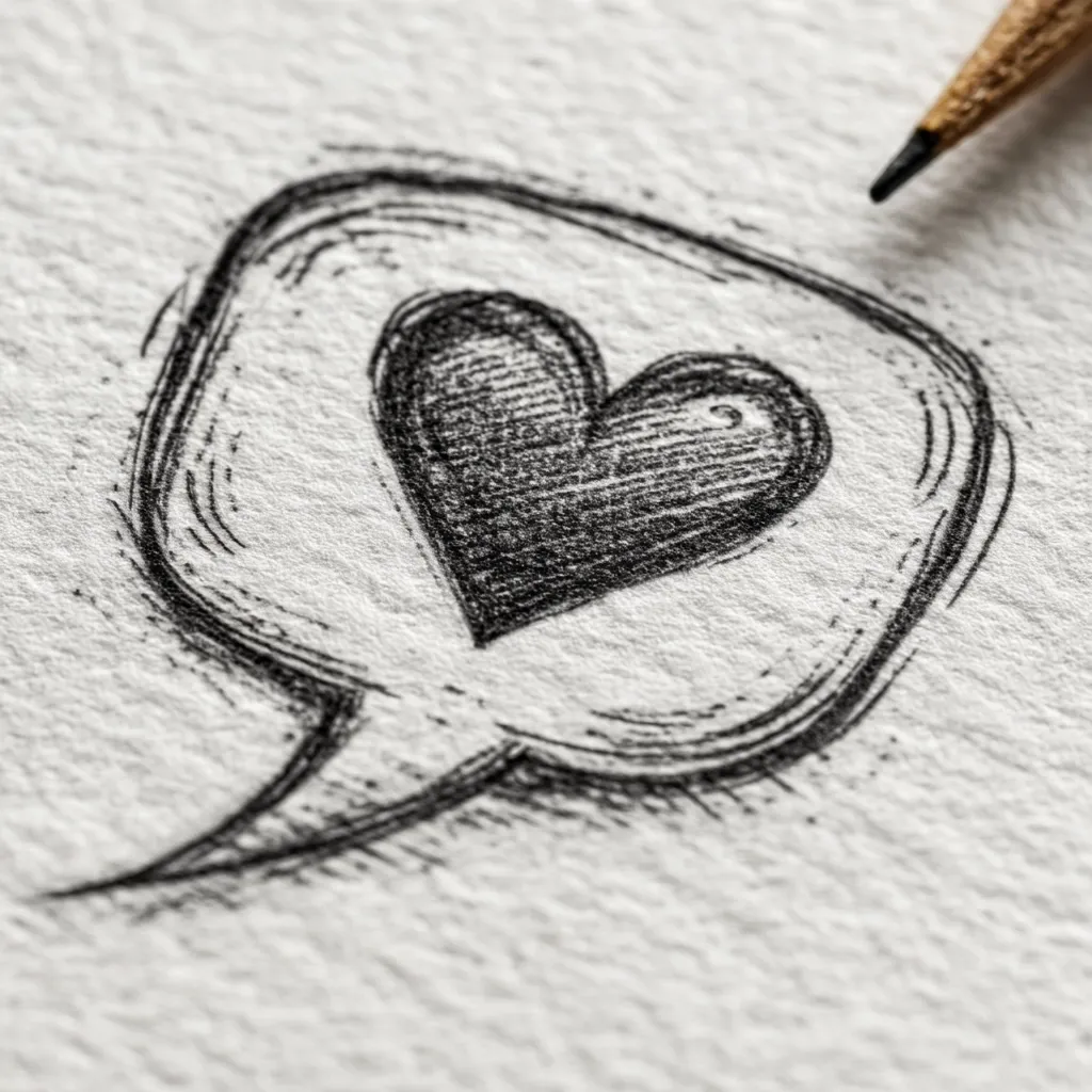 A close-up shot reveals a pencil sketch on textured paper.  The drawing depicts a speech bubble containing a hand-drawn heart, rendered with expressive shading and lines.  A sharpened pencil rests near the artwork, suggesting a moment of creative expression. The overall impression is one of simple, heartfelt communication.