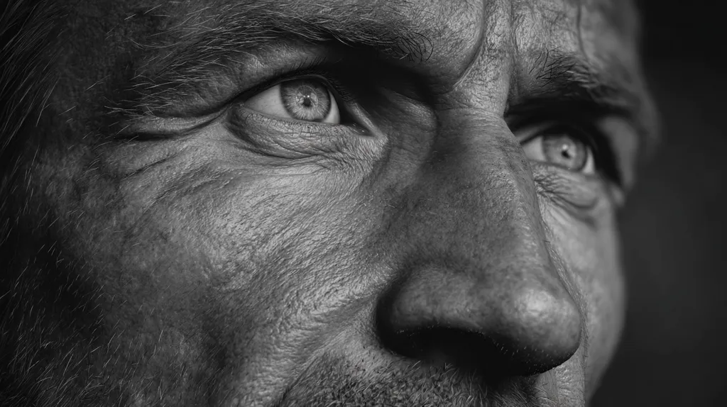 A close-up, black and white photograph captures the weathered face of an older man.  His eyes, deep-set and expressive, reveal a lifetime of experiences.  The image emphasizes texture—deep wrinkles etched around his eyes and across his nose, a testament to time and life's passage.  His gaze is directed off-camera, suggesting contemplation or introspection. The overall effect is one of quiet strength and resilience.